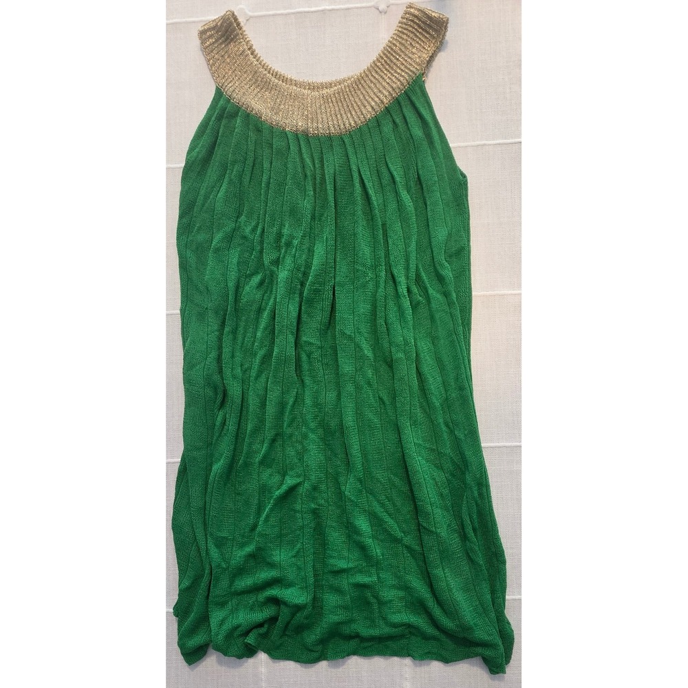 Unique Collection Green Knit Sleeveless Top Gold Metallic Neckline Pleated Tank
